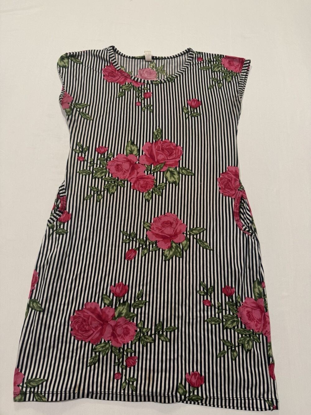 Women’s Floral Stripe Tunic Top Pink Rose Navy White Sleeveless Size M
